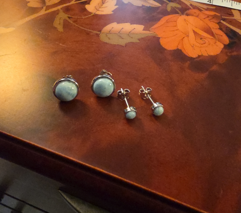 JTV Cabochon Larimar Rhodium Over Sterling Silver Stud Earrings Set Of 2